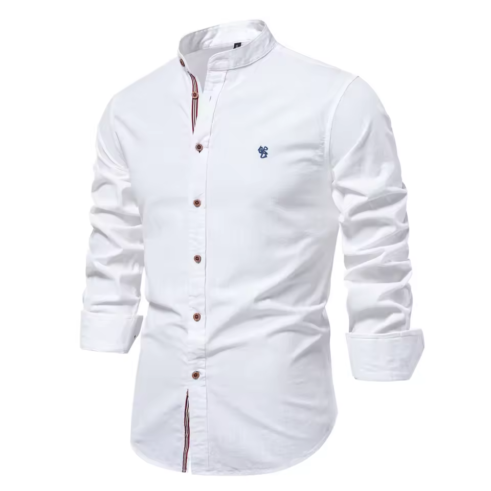 Mjlovers long sleeve shirt in soft fabric, featuring a classic fit with a button-up front and collar, shown in a neutral color.