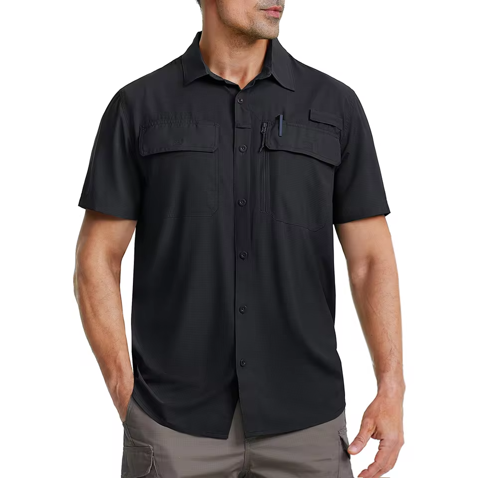 Mjlovers quick-dry short sleeve collar shirt in light fabric, featuring a classic collar and casual fit, displayed on a hanger.