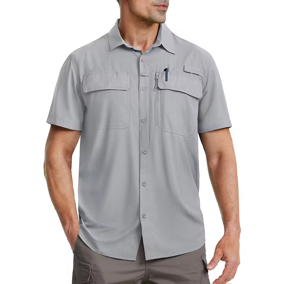 Mjlovers quick dry short sleeve collar shirt displayed on a hanger, showcasing lightweight fabric and classic design.