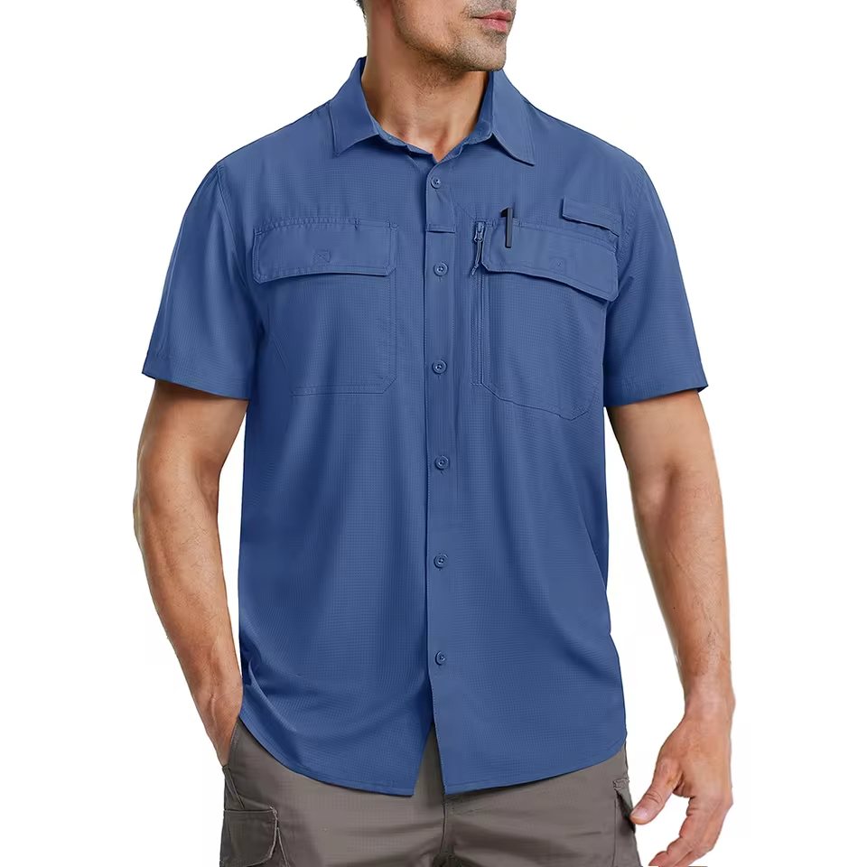 Mjlovers quick dry short sleeve collar shirt in light fabric, displayed on a hanger with a button-up front and casual style.