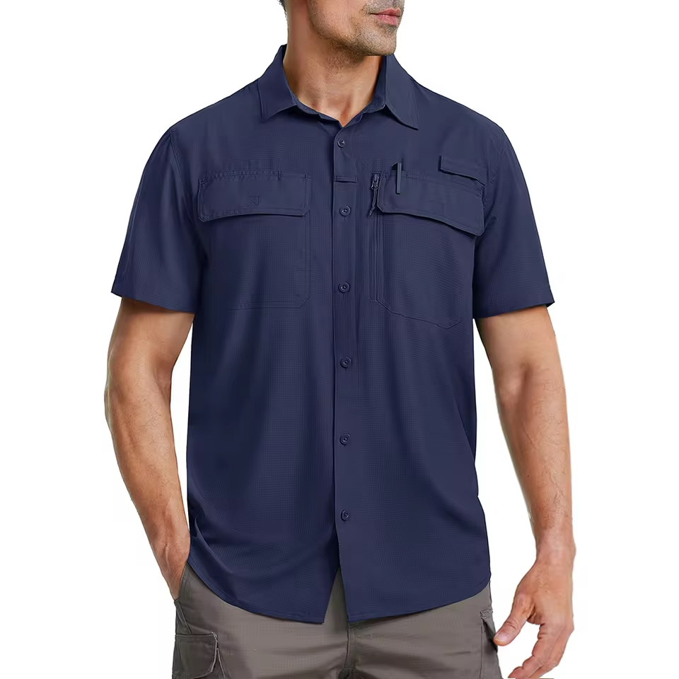 Mjlovers quick dry short sleeve collar shirt, lightweight and breathable fabric, displayed flat in navy blue color.