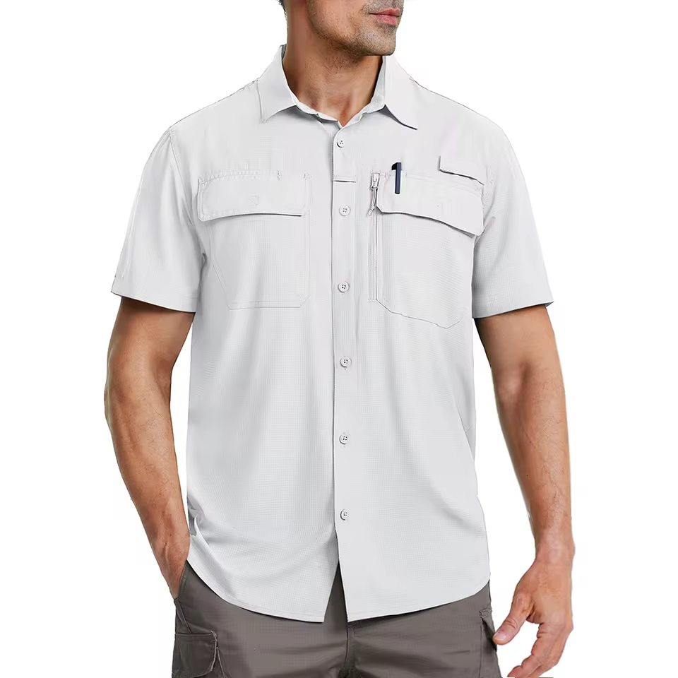 Mjlovers quick dry short sleeve collar shirt in light fabric, shown on a hanger with a button-up front and classic collar.