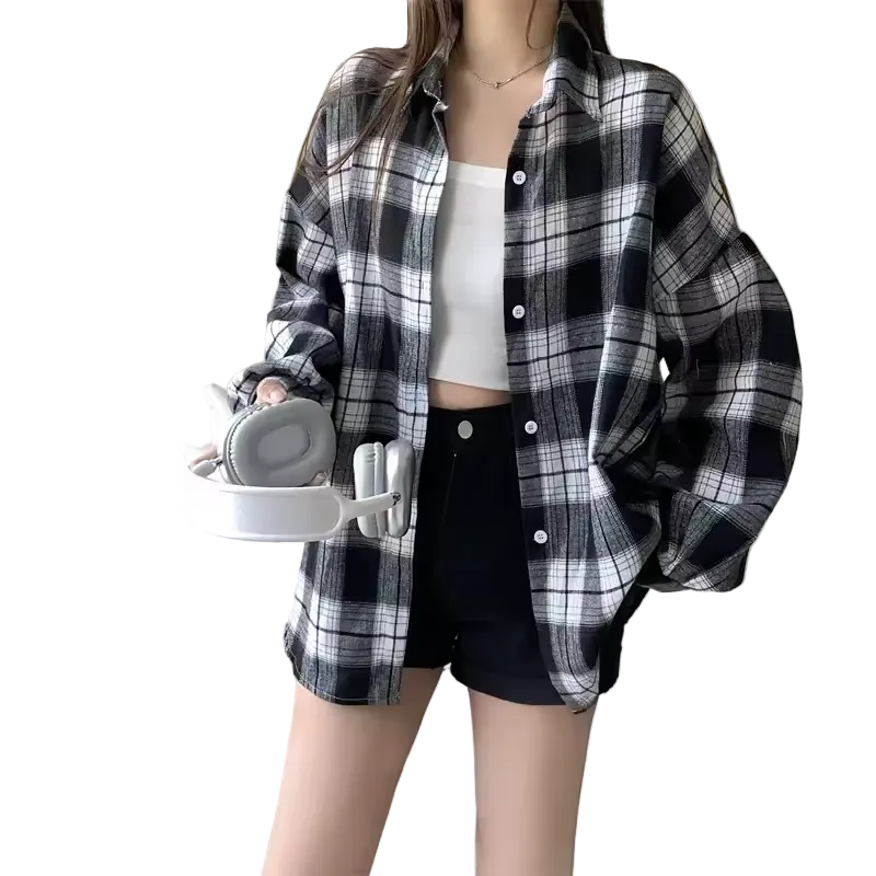 Women’s oversized plaid shirt by mjlovers, featuring a relaxed fit and classic checkered pattern in soft fabric.