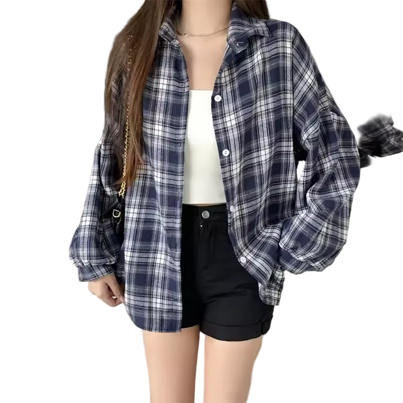 Women's oversized plaid shirt by mjlovers featuring a classic checkered pattern and relaxed fit, displayed on a hanger.