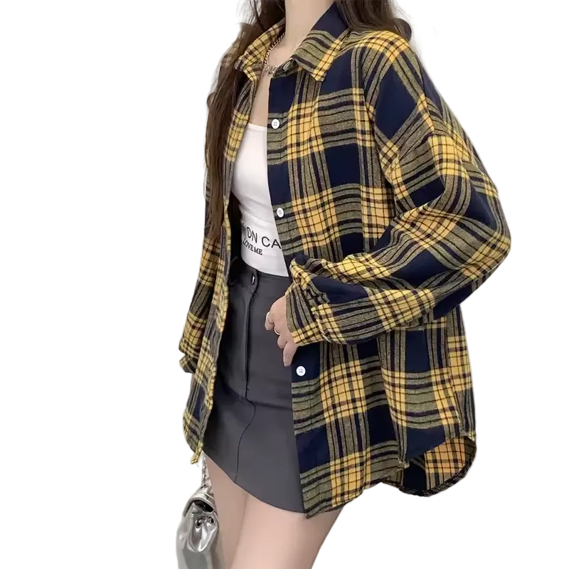Women's oversized plaid shirt by mjlovers, featuring a stylish checkered pattern and relaxed fit, shown in a close-up image.