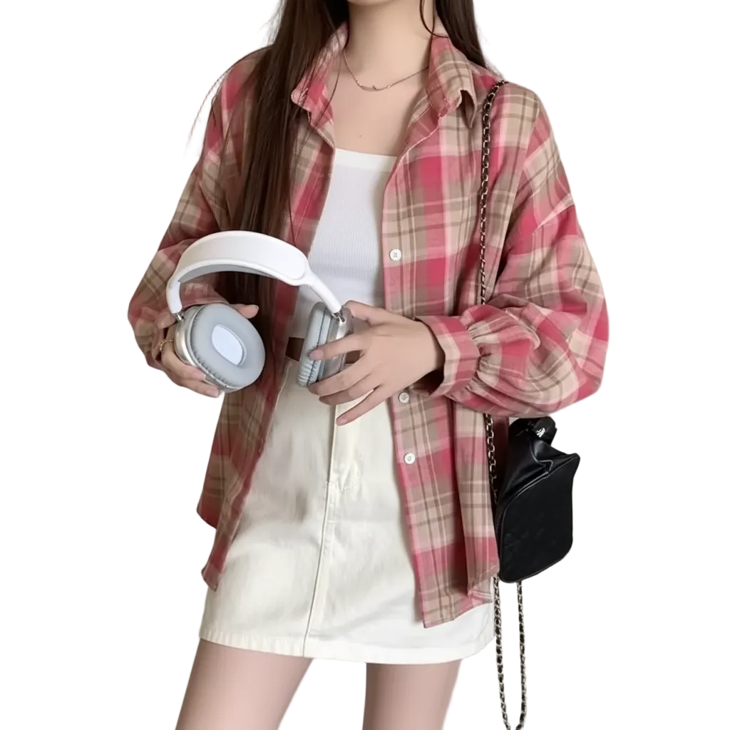 Women's oversized plaid shirt by mjlovers, featuring a classic checkered pattern in soft, comfortable fabric.