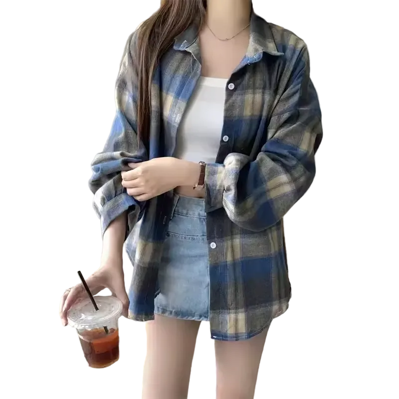 MJLovers women's oversized plaid shirt in blue and white, featuring a relaxed fit and classic checkered pattern.
