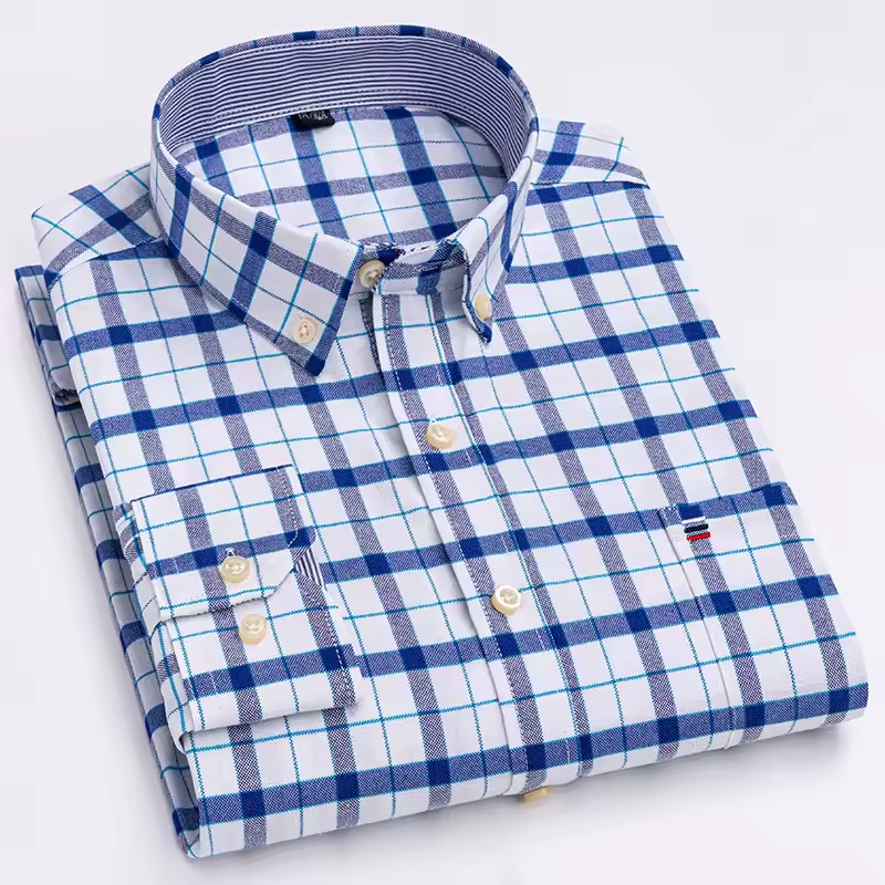 Cotton button-down dress shirt by mjlovers, shown in a close-up of the classic collar and front buttons on a white fabric background.
