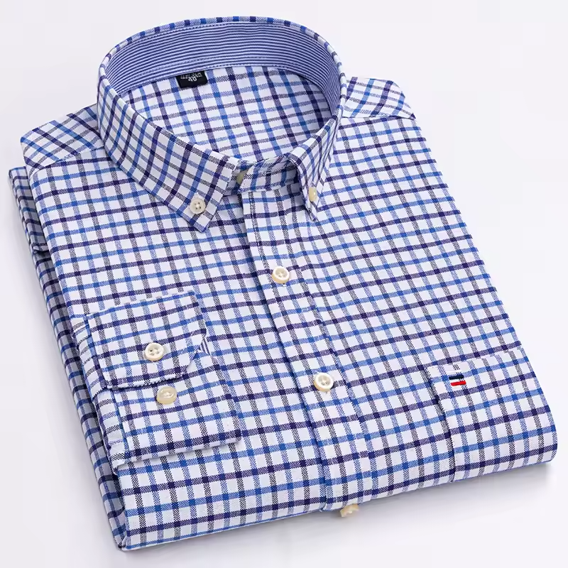 Mjlovers cotton button-down dress shirt in light blue, shown on a hanger with a close-up of fabric and collar details.