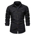 Men's cotton denim shirt by mjlovers, displayed on a hanger, showcasing classic blue denim fabric and button-front design.