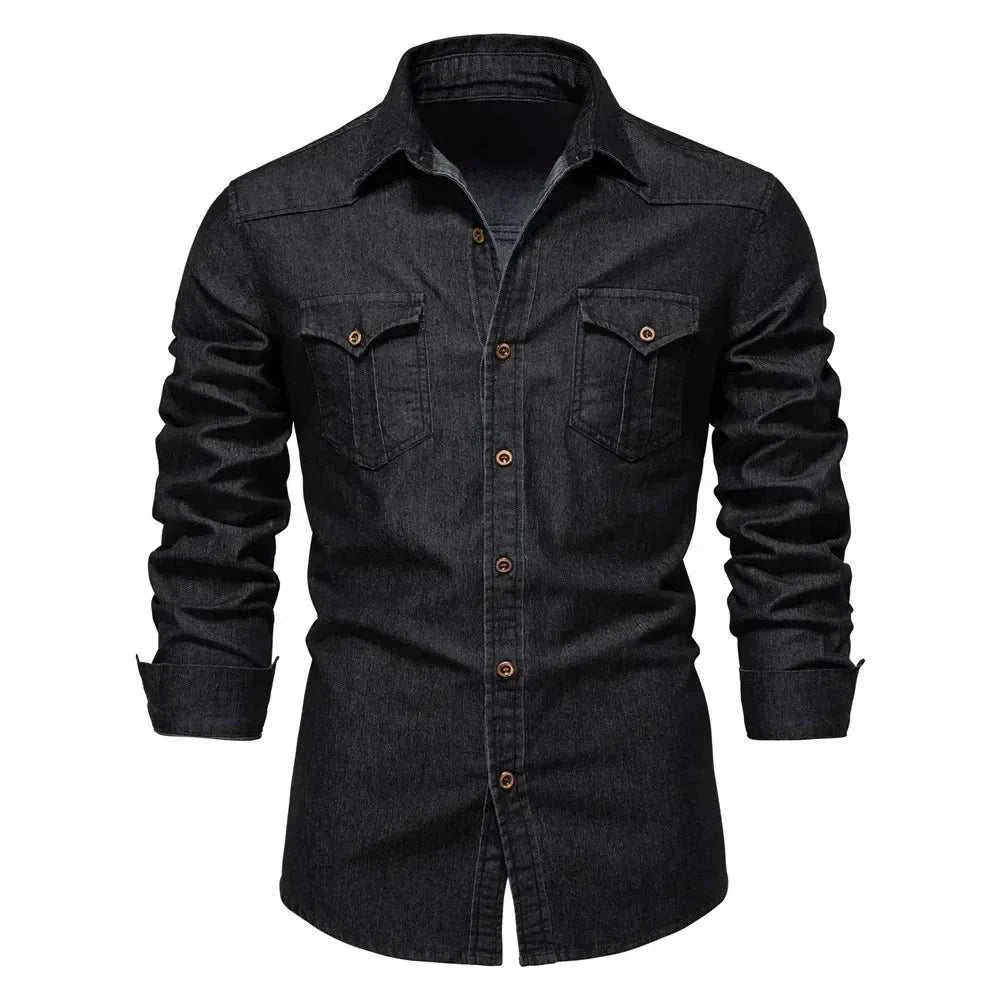 Men's cotton denim shirt by mjlovers, displayed on a hanger, showcasing classic blue denim fabric and button-front design.
